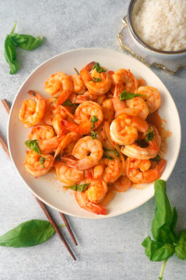 Sambal-Ketchup Shrimp with Basil