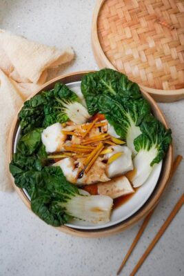 Ginger-steamed fish and tofu with soy-scallion sauce